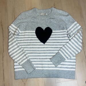 LOFT Gray and White Striped Sweater with Black Heart